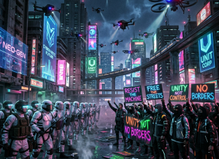 Protesters holding colorful signs confront riot police in a futuristic urban street under many flying drones with spotlights