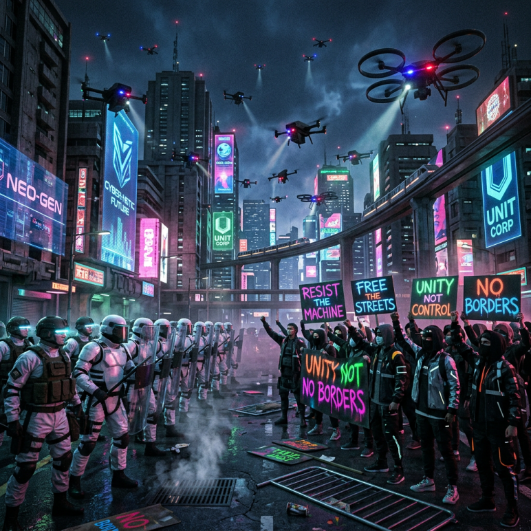 Protesters holding colorful signs confront riot police in a futuristic urban street under many flying drones with spotlights