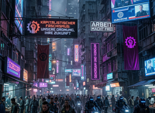 Crowded dystopian street with neon propaganda signs and armored patrol riders