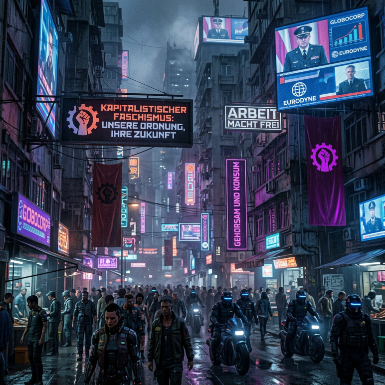 Crowded dystopian street with neon propaganda signs and armored patrol riders